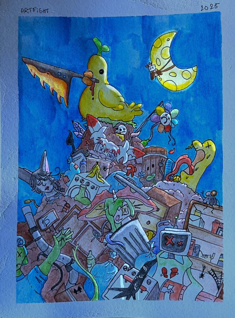 Een aquarel tekening over verschillende original characters in Artfight