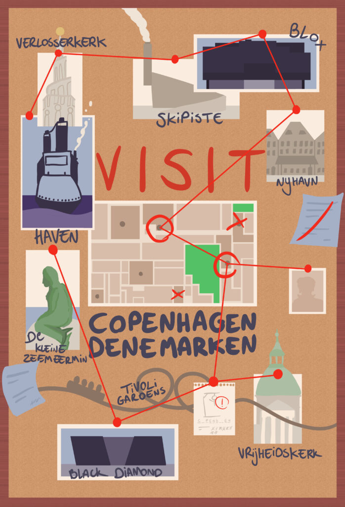 Een poster illustratie over Kopenhagen van de schoolreis