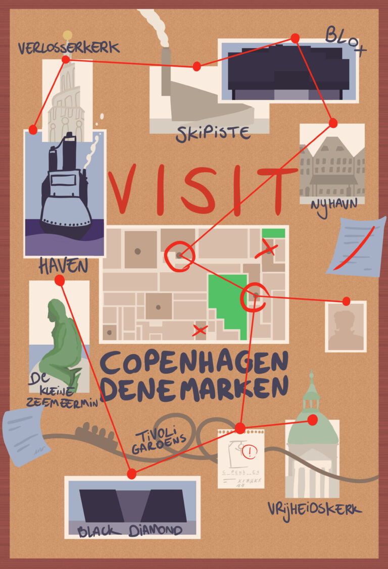 Een poster illustratie over Kopenhagen van de schoolreis
