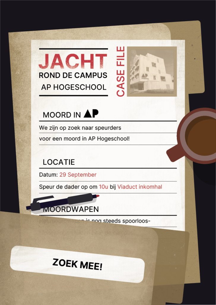 Poster voor een detectieve event voor hun eerste jaar AP Hogeschool