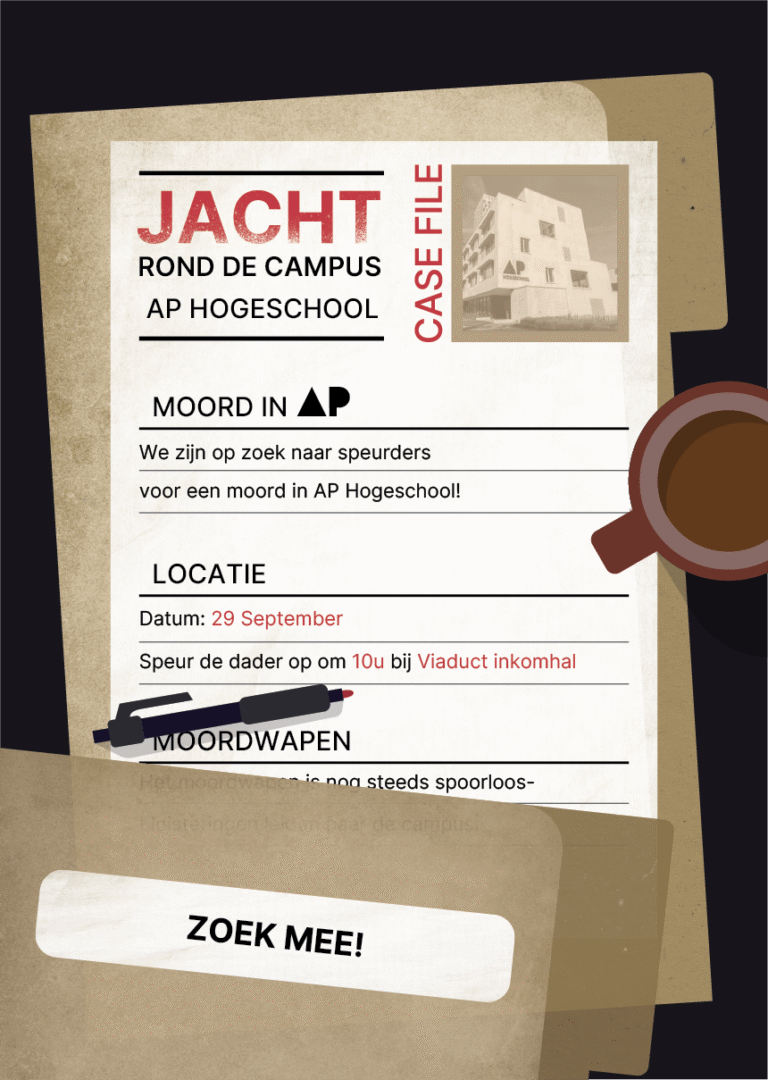 Poster voor een detectieve event voor hun eerste jaar AP Hogeschool